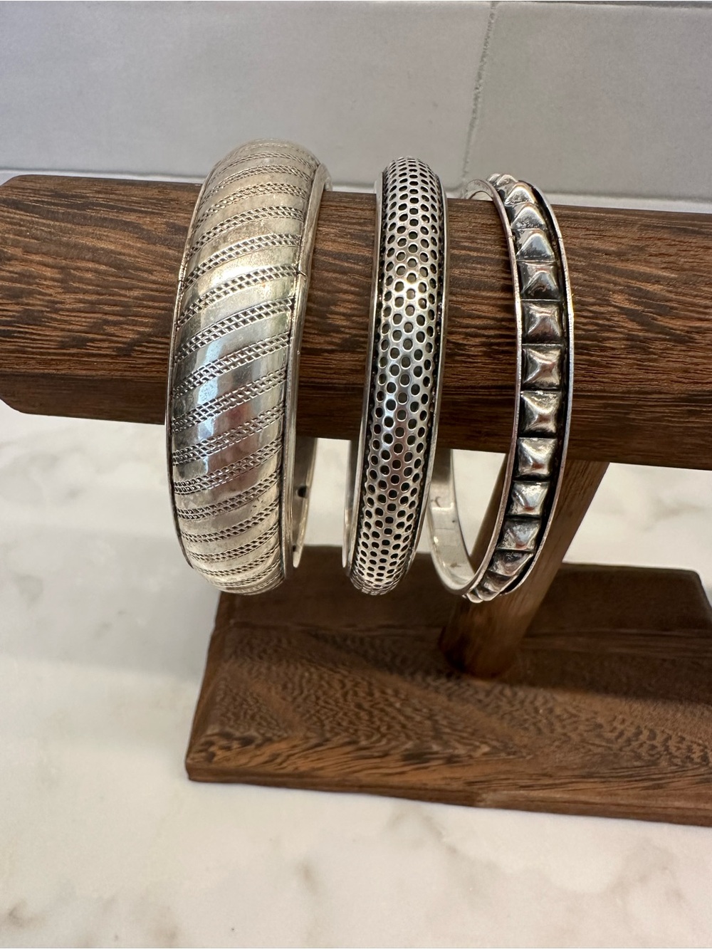 Curated Stack of 3 Vintage-Style Silver Tone Bangle Bracelets Set